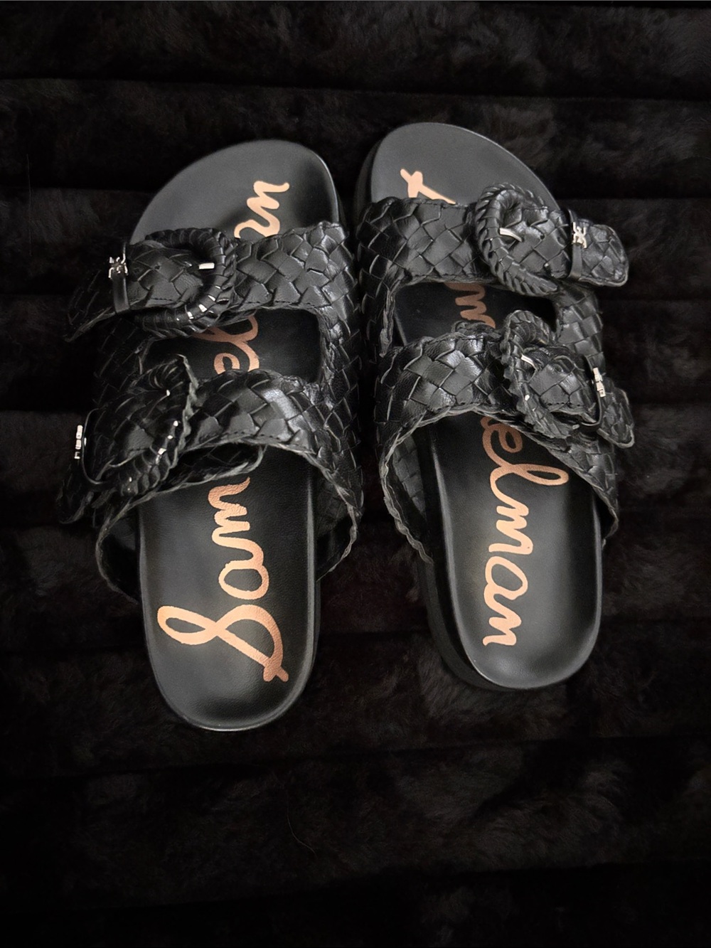 Sam Edelman Black Braided Double-Strap Buckle Slide Sandals